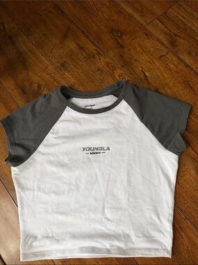 YoungLA White Crop Tee with Gray Raglan Sleeves